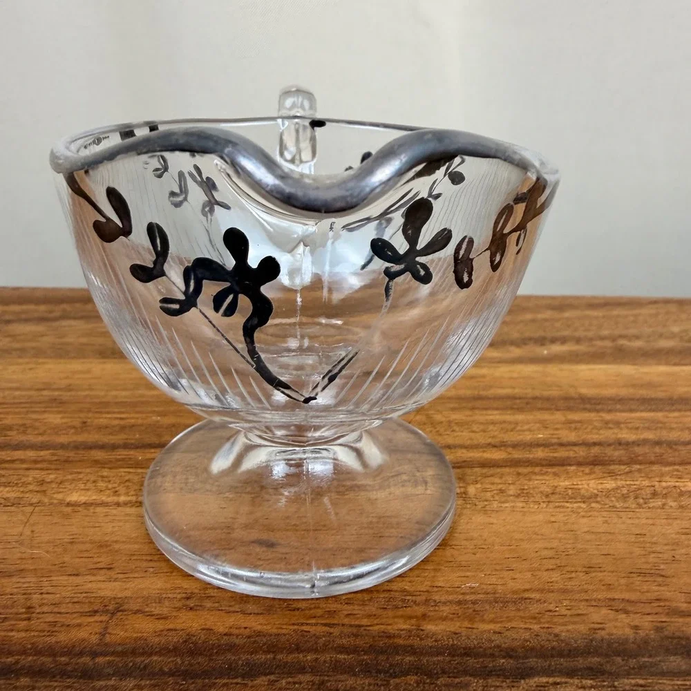 Vintage Art Deco Glass Creamer and Sugar Set  Floral Silver  Overlay Rim Ribbed